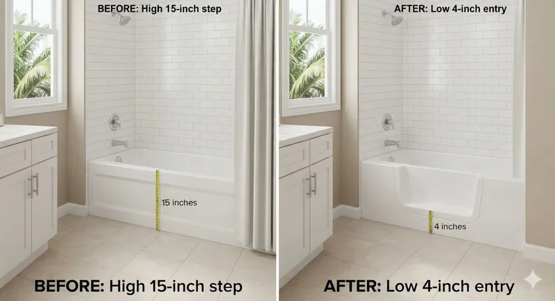 Before and after bathtub cut modification showing standard high step-over tub converted to low step-through entry