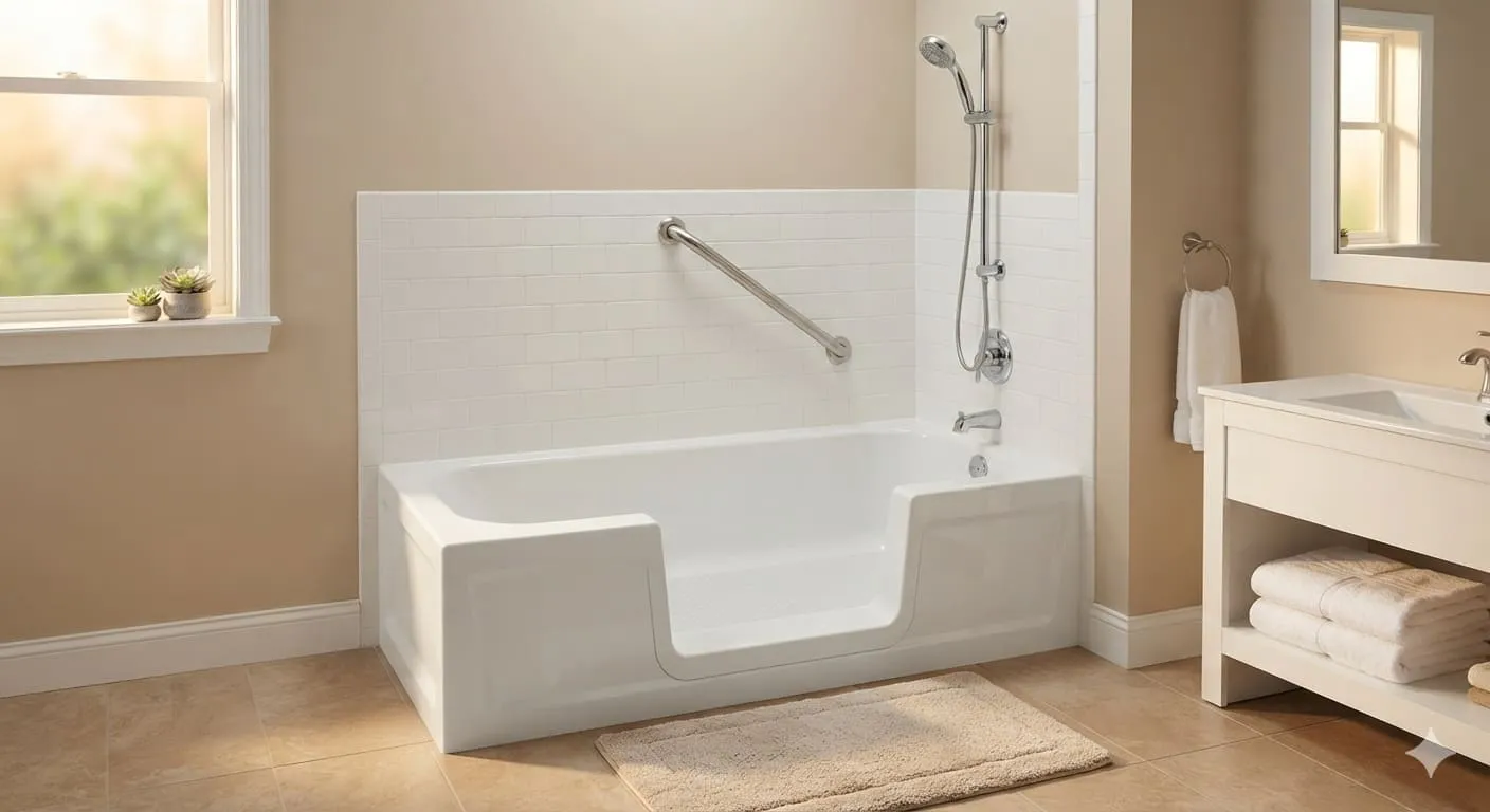 Senior-friendly bathroom with low step-in bathtub cut for safe access