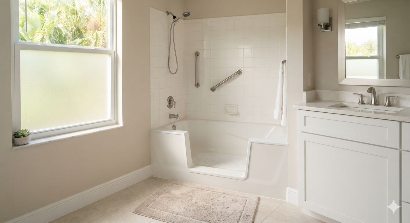 Close-up of a bathtub cut modification showing the step-through insert sealed with marine-grade sealant
