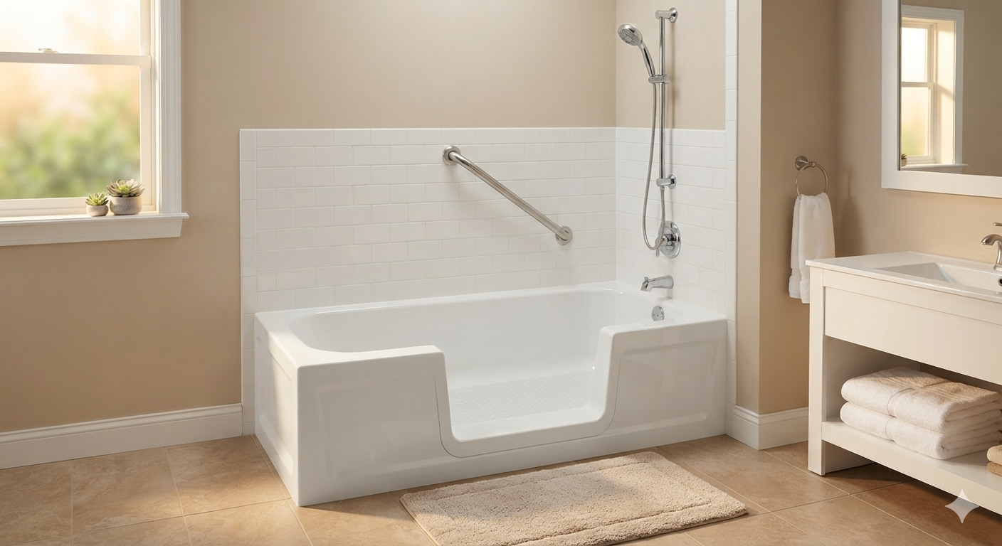 Senior-friendly bathroom with low step-in bathtub cut for safe access